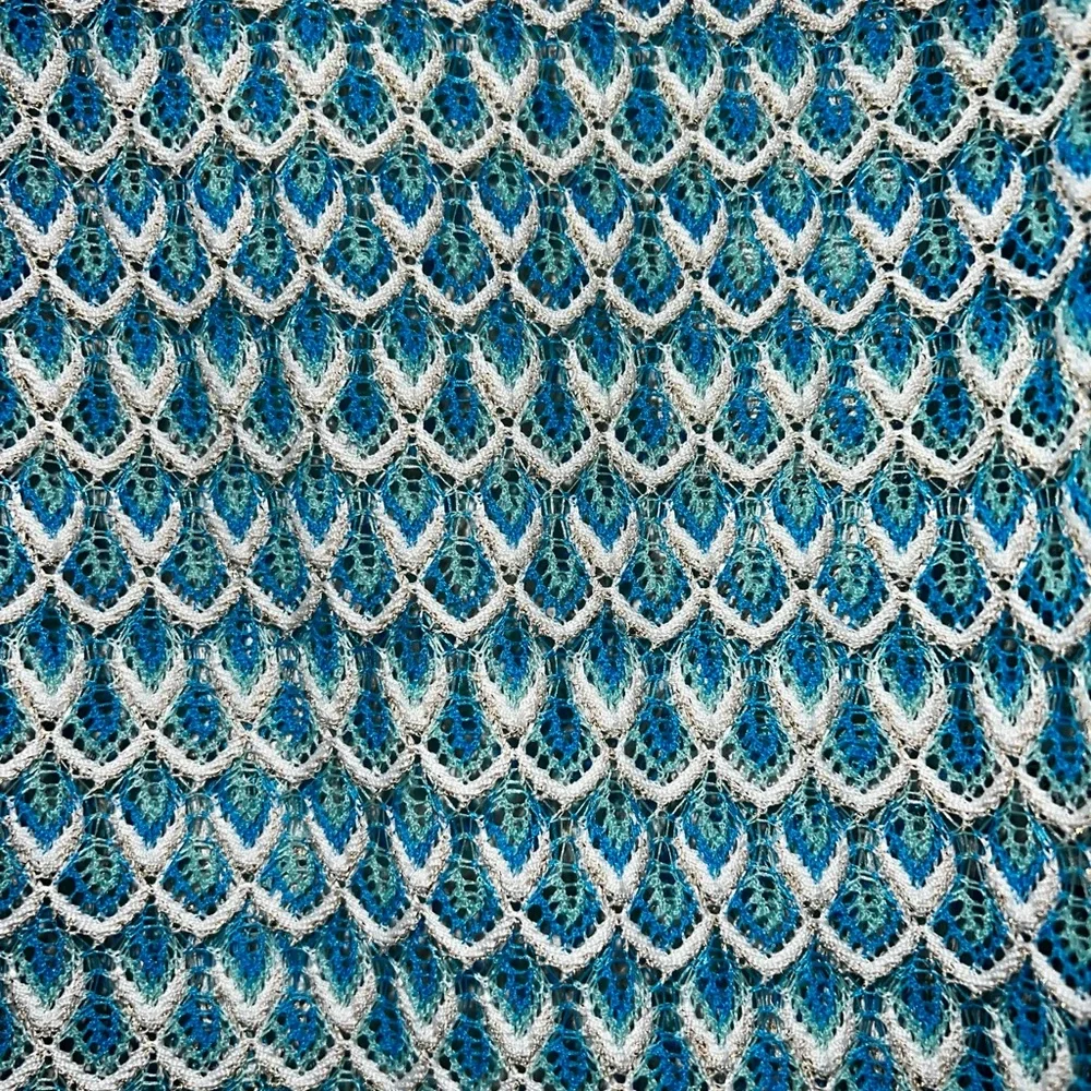 Blue, White & Gold Perforated Knit Button Down Shirt - Picture 2 of 2